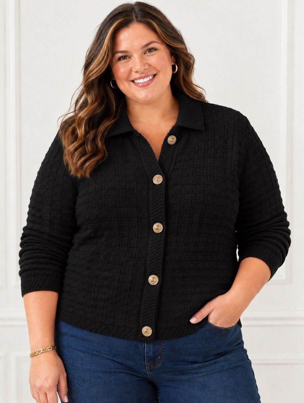 NWT Talbots Black Textured Knit 100% Cotton Polo Button Cardigan Sweater 2X